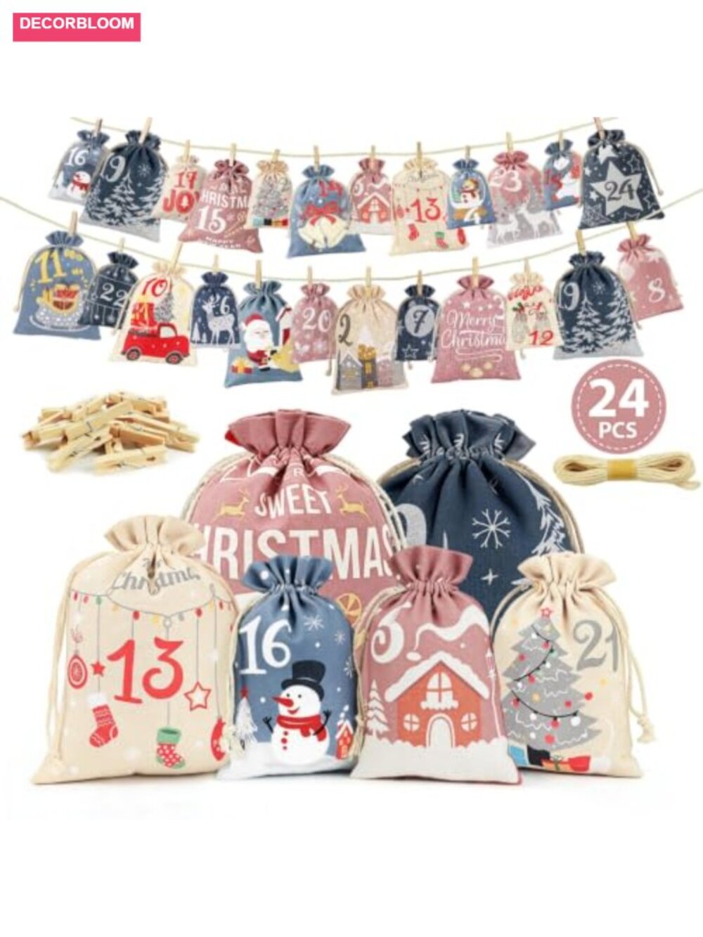 24 Pcs Christmas Advent Calendar Drawstring Gift Bags Velour Fabric Reusable